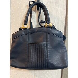 VTG. Ganson Black Leather Satchel Handbag Gold Hardware Top‎ Handle Shoulder Bag